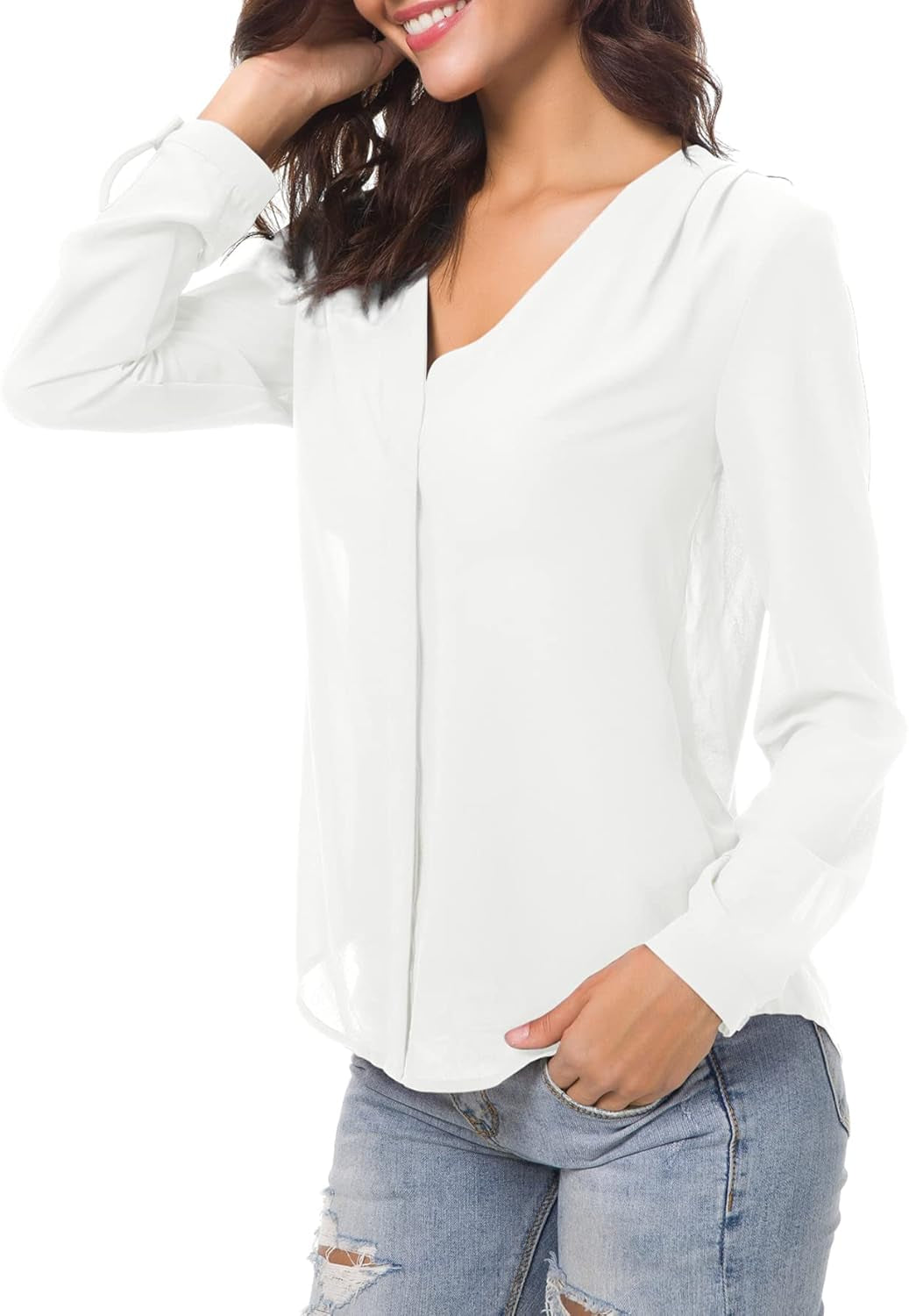 Womens V Neck Ruffled Shoulder Business Causal Chiffon Blouse Button down Shirts