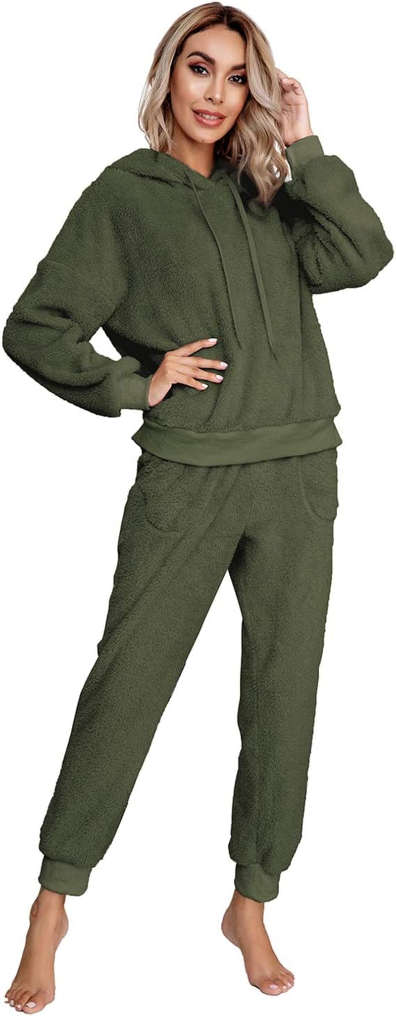 Womens Fuzzy Sherpa Fleece Pajamas Set, Long Sleeve Hoodies Pajama Pants 2 Piece Outfits Loungewear Sleepwear